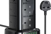 Tower Extension Lead with USB C Slots, 8 Way Multi Plug Extension Tower with 6 USB Ports, 13A 3250W Extension Cable with 4 Independent Control Switch, 1.8M Power Strip Tower for Home, Office, Kitchen