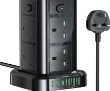 Tower Extension Lead with USB C Slots, 8 Way Multi Plug Extension Tower with 6 USB Ports, 13A 3250W Extension Cable with 4 Independent Control Switch, 1.8M Power Strip Tower for Home, Office, Kitchen
