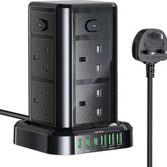 Tower Extension Lead with USB C Slots, 8 Way Multi Plug Extension Tower with 6 USB Ports, 13A 3250W Extension Cable with 4 Independent Control Switch, 1.8M Power Strip Tower for Home, Office, Kitchen