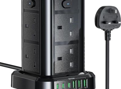Tower Extension Lead with USB C Slots, 8 Way Multi Plug Extension Tower with 6 USB Ports, 13A 3250W Extension Cable with 4 Independent Control Switch, 1.8M Power Strip Tower for Home, Office, Kitchen