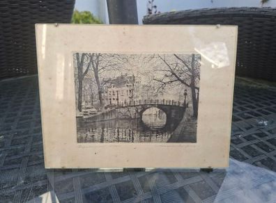 Collectible Original Antique Etching titled "Amsterdam Reguliersgracht" by artist Maarten Langbroek, dated 1920