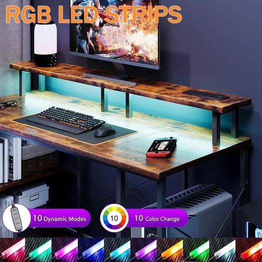 Gaming Desk with LED Lights & Power Outlets, 120 50cm Computer Desk with Storage Shelves & Dual Monitor Stand, for Home Office Study Bedroom Small Spaces, Brown