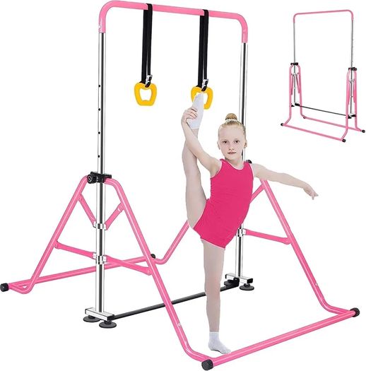 Gymnastics Bar for Kids, Junior Training Kip Horizontal Bar Gymnastics Equipment for Home, Adjustable Telescopic Height Folding Horizontal Bar with Gymnastic Rings for 3-12 Years Old Kids