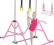 Gymnastics Bar for Kids, Junior Training Kip Horizontal Bar Gymnastics Equipment for Home, Adjustable Telescopic Height Folding Horizontal Bar with Gymnastic Rings for 3-12 Years Old Kids