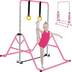 Gymnastics Bar for Kids, Junior Training Kip Horizontal Bar Gymnastics Equipment for Home, Adjustable Telescopic Height Folding Horizontal Bar with Gymnastic Rings for 3-12 Years Old Kids
