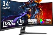 34 Inch Ultrawide Curved 180Hz Gaming Computer Monitor,1500R PC Screen 21-9 UWQHD (3440x1440),128% sRGB,Adaptive Sync,178 Viewing Angle HDMI Display Port,Compatible with Wall mounting-Black