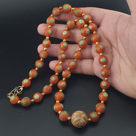 Vintage Venetian Style Orange Floral Glass With pumtek pyu Pendant Necklace