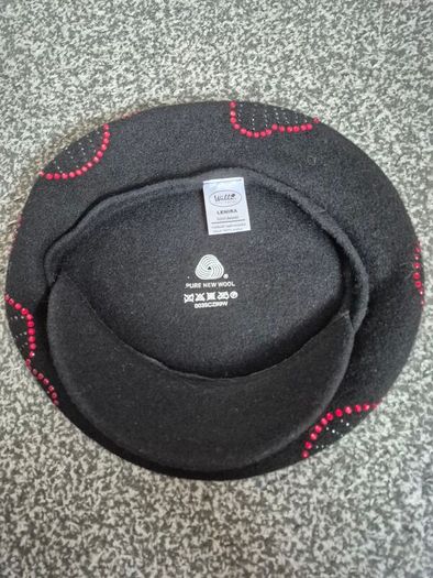 Wool Beret | Black with Red Floral Rhinestones