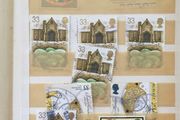 Small brown stamp stock book. 13cm x 18.5cm. 24 page / 12 leaf. Album contains used England Stamps with values over 29p