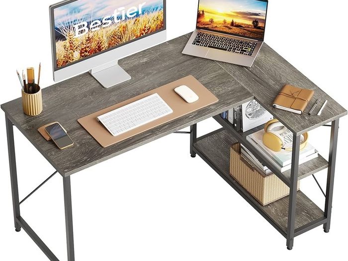 L Shaped Desk Small Corner Desk with Shelves 120CM Reversible Computer Desk Writing Table with Bookshelf for Home Office Small Space