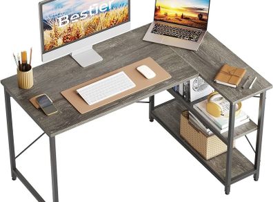 L Shaped Desk Small Corner Desk with Shelves 120CM Reversible Computer Desk Writing Table with Bookshelf for Home Office Small Space