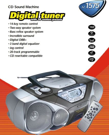 From 2001 Philips AZ 1575 - CD / Radio Cassette Recorder / Manual / Remote control. Working good.