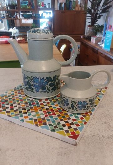 Fabulous Vintage Midwinter Stonehenge Coffee Pot and Milk Jug in the Caprice Pattern (Spanish Garden) Designed by Jessie Tate, Excellent Condition