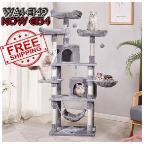 NEW SALE | Cat Tree Tower 170cm Cat Scratching Post with Condos, Basket, Hammock & Plush Perches for Kittens, Large Cats, Light Grey