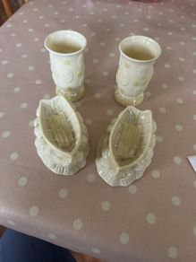 Vintage Belleek China Psir bud vases & Pair of Rowing boats