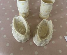 Vintage Belleek China Psir bud vases & Pair of Rowing boats