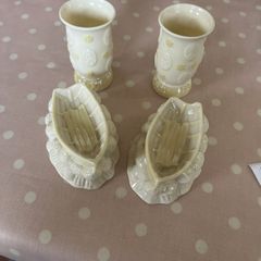 Vintage Belleek China Psir bud vases & Pair of Rowing boats