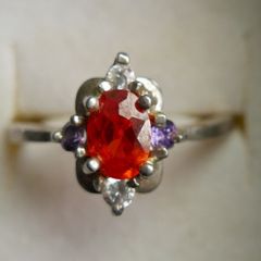 Vintage 925 Sterling Silver Ring with Central Orange Stone and Accent Stones