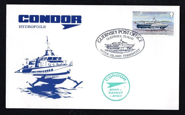 1981 Guernsey Commemorative cover celebrating The First Commercial Hydofil Service in the British Isles from Jersey to Guernsey and returning tying 18p commemorative stamp