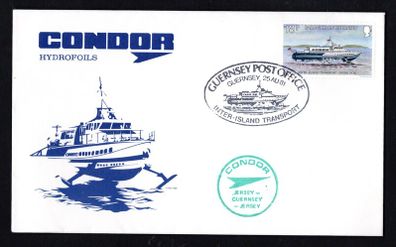 1981 Guernsey Commemorative cover celebrating The First Commercial Hydofil Service in the British Isles from Jersey to Guernsey and returning tying 18p commemorative stamp