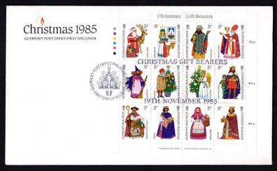 1985 Guernsey Christmas "Gift bearers" Sheet Commemorative Stamps Official First Day Cover (FDC)