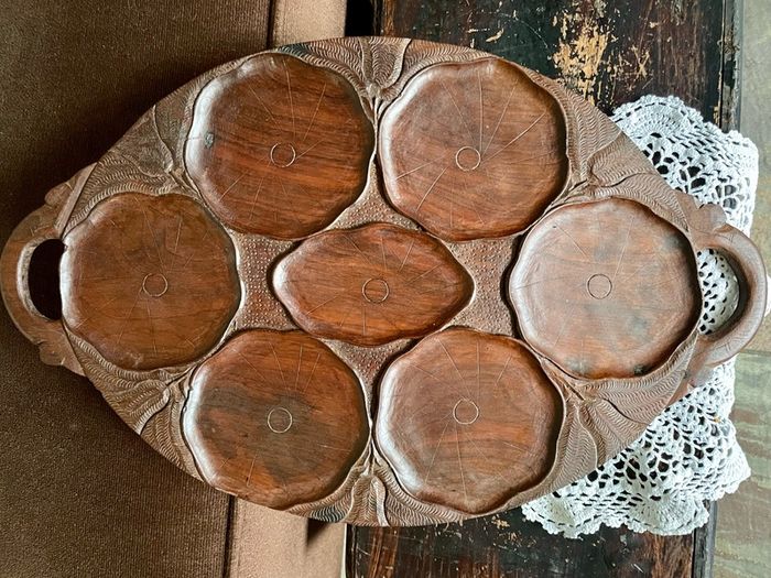 Superb Art Nouveau Style Vintage Handcarved Tray with Lilypad Design