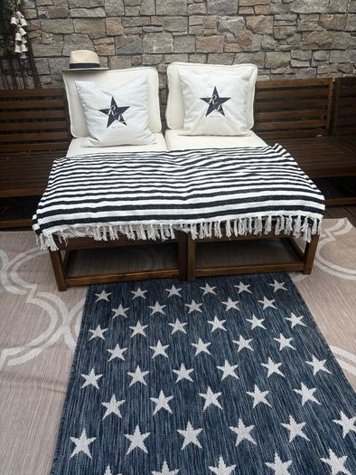 Ex display 100cm x 158cm distressed french navy and off white outdoor/indoor star rug