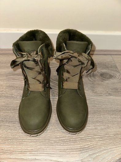 New Lee Cooper Khaki Green Ankle Boots with Faux Fur Collar - Size UK 5