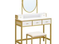 main image for ad Modern Dressing Table with Stool Vanity Table with Oval Mirror and Open Compartment Drawers Bedroom Dressing Room