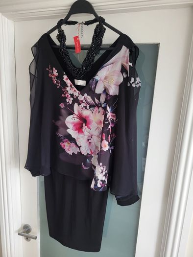 WALLIS Black floral cape layered dress Sz 12