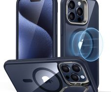 For Apple iPhone 12 / 12 Pro Skin-Feel Camera Lens Holder Magsafe Case Blue
