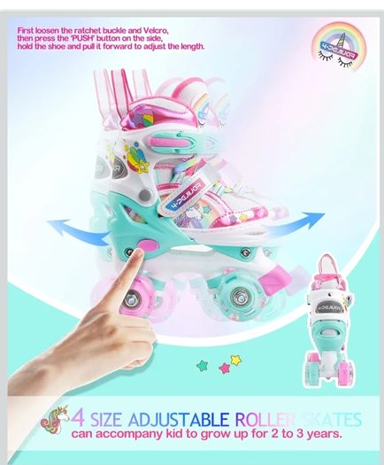 Kids Adjustable Unicorn Roller Skates (Light-Up Wheels) - Size S (UK 6C-9C)