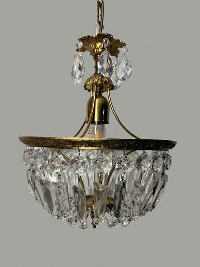 Vintage French Brass & Crystal Lantern Chandelier