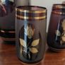 Fabulous Vintage Retro Mid-Century-Modern Hand Blown Tall Glass Pitcher with Six Matching Glasses in Purple/Amethyst Glass with Rose Pattern and Rose Gold Gilt Banding and Frosted Effect Image 7