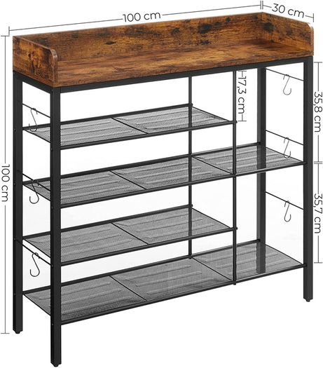 _shoe rack, shoe organizer for 14 pairs of shoes, for slippers, high heels, boots, in the entrance area, living room, bedroom, industrial style, vintage brown-black