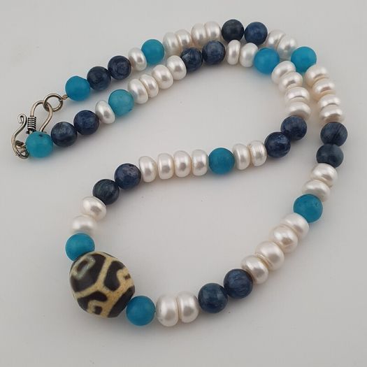Authentic Fresh Water Pearls & Gemstone Beads With Himalayan Tibetan Dzi Pendant Necklace