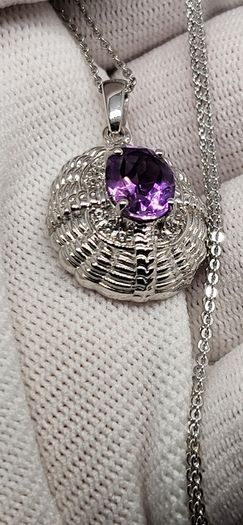 Sterling silver Victorian Shield Inspired Moroccan Amethyst , White Zircon Pendant with Chain (Size 20) in Rhodium Sterling Silver 1.880 Ct.