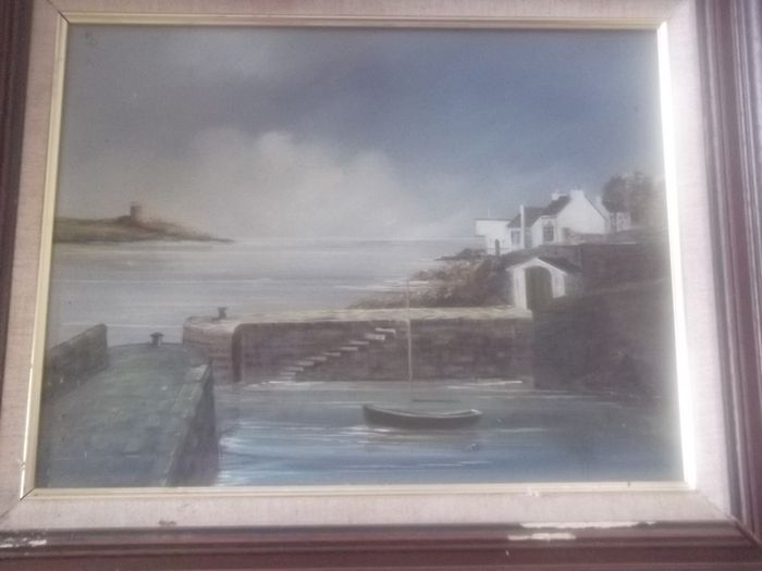 a oil painting  on board of bullock harbour by brandan hayes