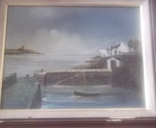 a oil painting  on board of bullock harbour by brandan hayes