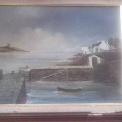 a oil painting  on board of bullock harbour by brandan hayes