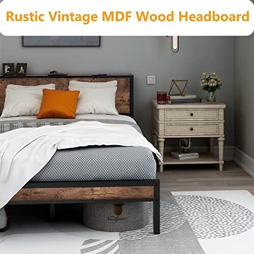 Double Bed Frame with Storage Headboard,Brown