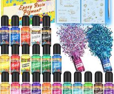 Epoxy Resin Pigment Liquid, 22+2 Epoxy Resin Colours (10ml Each) and Glitter for Jewelry Making, Highly Concentrated Transparent Resin Dye for Paint and Resin Craft, Bonus Stickers, Tweezers (FREE POSTAGE)