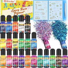 Epoxy Resin Pigment Liquid, 22+2 Epoxy Resin Colours (10ml Each) and Glitter for Jewelry Making, Highly Concentrated Transparent Resin Dye for Paint and Resin Craft, Bonus Stickers, Tweezers (FREE POSTAGE)