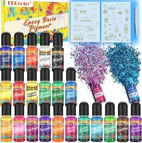 Epoxy Resin Pigment Liquid, 22+2 Epoxy Resin Colours (10ml Each) and Glitter for Jewelry Making, Highly Concentrated Transparent Resin Dye for Paint and Resin Craft, Bonus Stickers, Tweezers (FREE POSTAGE)