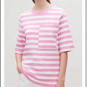 COS Boxy Striped Cotton Crewneck T-Shirt with Pocket Pink & White Size S