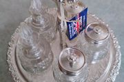 Queen Anne silver plated and crystal shakers 5 piece set on carrier tray new with tag Mayell/ crystal salt and pepper shakers