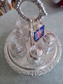 Queen Anne silver plated and crystal shakers 5 piece set on carrier tray new with tag Mayell/ crystal salt and pepper shakers
