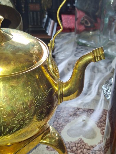 Vintage Etched Brass Tea Kettle with Footed Trivet Stand Postage Available or Collection,