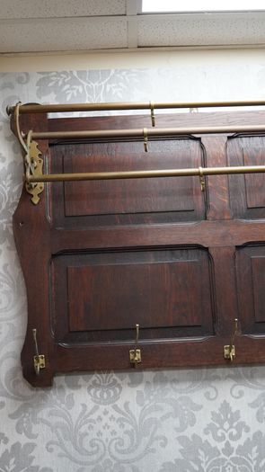 Large Arts & Crafts Style Oak & Brass Wall Coat Rack c.1900