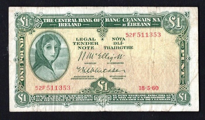 1960 Ireland IR1 Lady Lavery Banknote Series A. Note issued 18/05/60 with signatory's of McElligott and Whittaker. Serial number 52F511353.